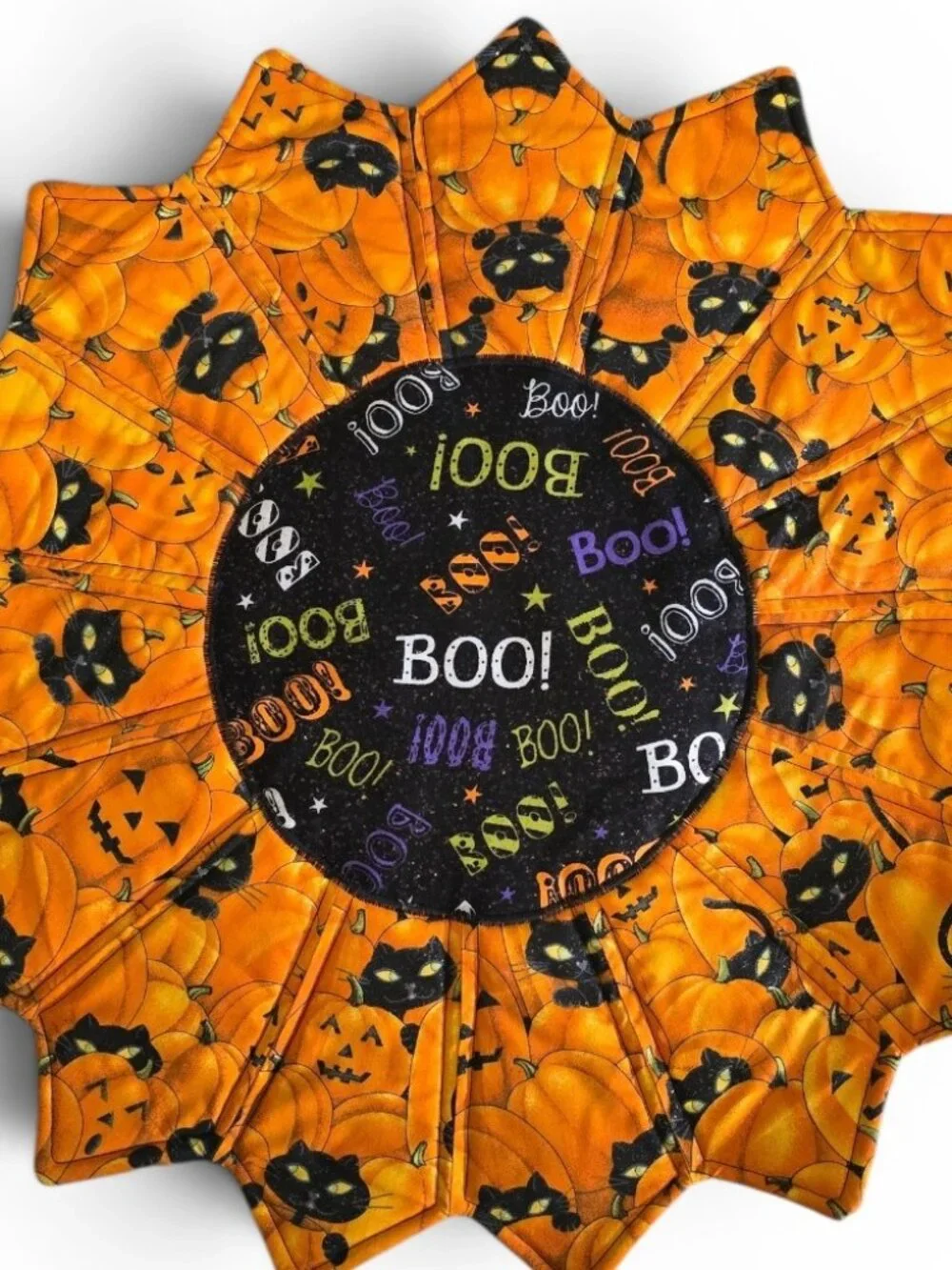 Halloween Handmade Quilted Table Topper Black Cat & Bats Reversible Centerpiece